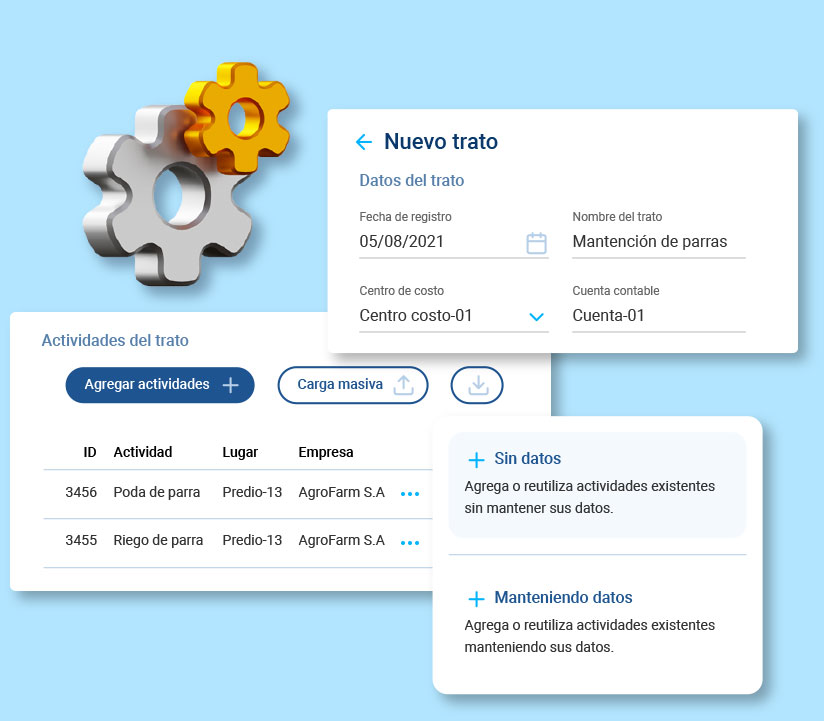 Ventanas del módulo de contratos por trato: Nuevo trato, fecha de registro, garga masiva, centro de costo, actividad, empresa, lugar, etc.